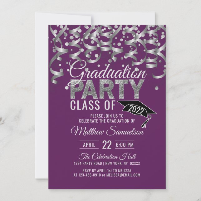 Moderne Lila Silver Glitzer GRADUATION Party Invi Einladung (Vorderseite)