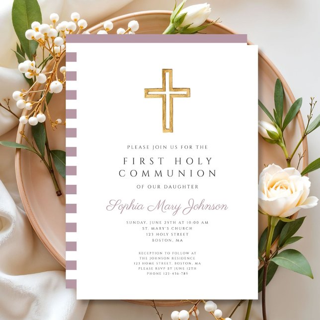 Moderne Lila Streifen kreuzen Girl Erste Kommune Einladung (Modern Purple Stripes Cross Girl First Communion Invitation)