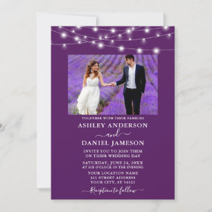 Moderne Lila String Lights Foto Wedding Einladung