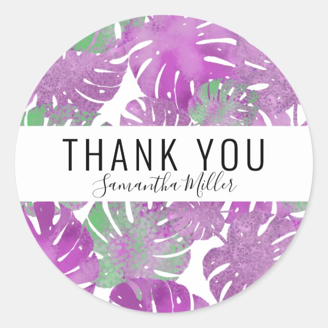 Moderne lila tropische Monstera Pflanze Blätter Runder Aufkleber (Vorderseite)