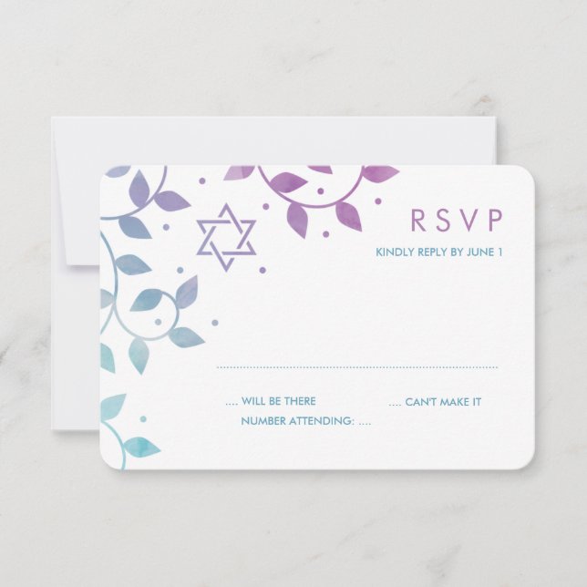 Moderne Lila und Aquamarine Bat Mitzvah RSVP Karte (Vorderseite)