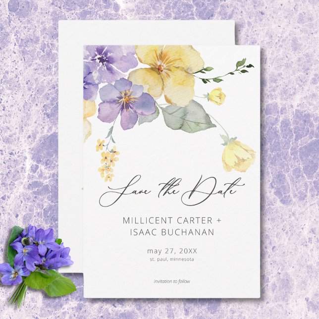 Moderne Lila und gelbe Violetten Blumenzehen Save The Date (Modern Purple & Yellow Violets Floral Wedding Save the Date)