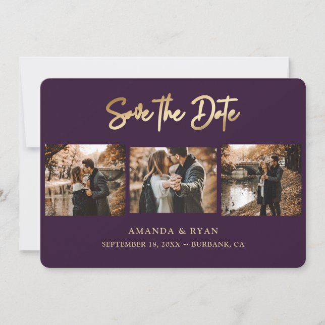 Moderne Lila und goldene Foil Wedding 3 Foto Save The Date (Vorderseite)