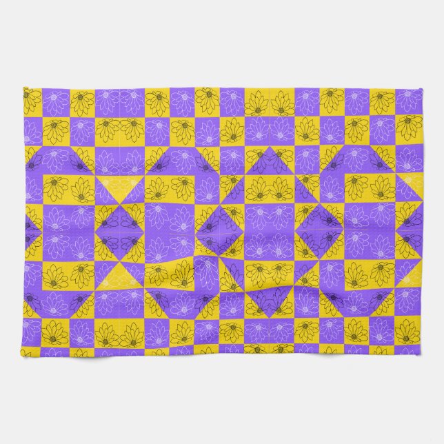 Moderne lila und goldene Tafelblumen Geschirrtuch (Horizontal)