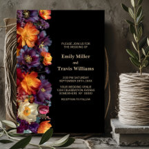 Moderne lila und orange florale schwarze Hochzeit