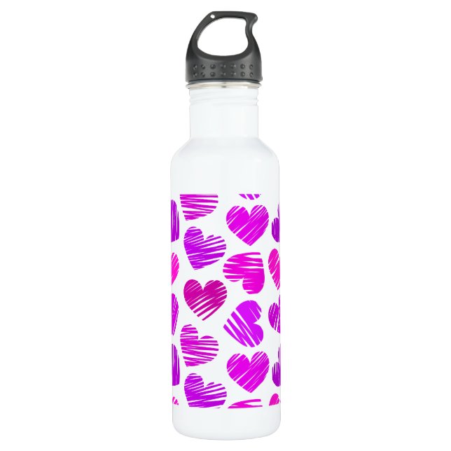 Moderne Lila und rosa Doodled Hearts Valentine Trinkflasche (Vorderseite)