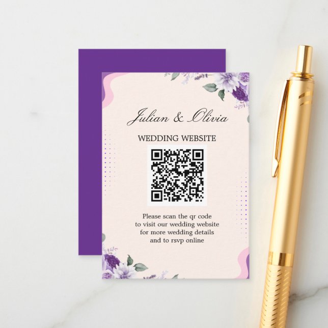 Moderne lila und violette florale QR-Code-Hochzeit Begleitkarte (Vorderseite/Rückseite Beispiel)