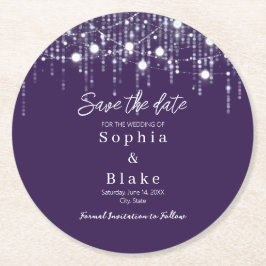 Moderne Lila und weiße Hangleuchten Save the Date Runder Pappuntersetzer