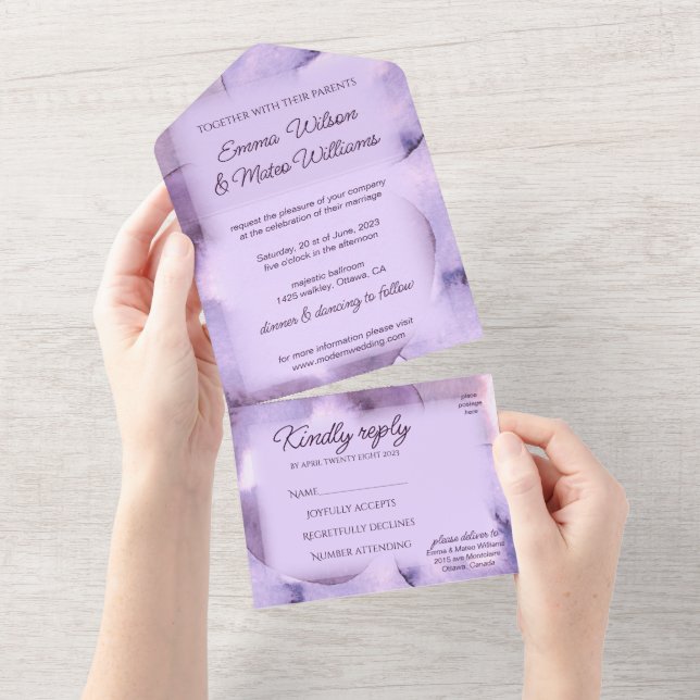 Moderne lila Violette All In One Einladung (Abreißen)