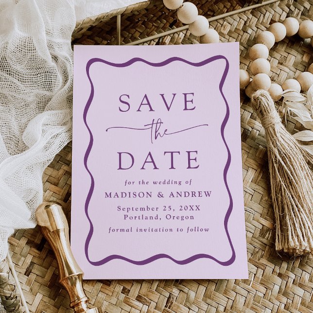 Moderne Lila Wavy Frame Wedding Save The Date (Von Creator hochgeladen)