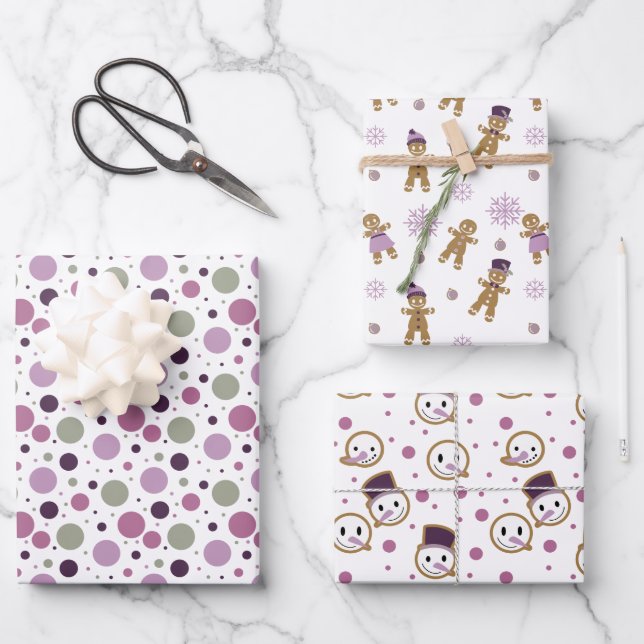 Moderne Lila Weihnachtsschneemänner Lebkuchen Männ Geschenkpapier Set (Vorderseite)