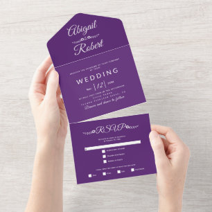 Moderne lila-weiße Kalligrafie-Hochzeit All In One Einladung