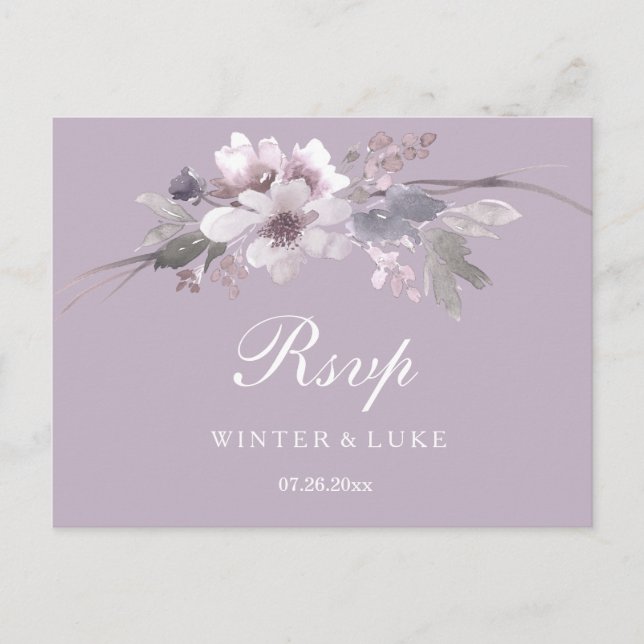 Moderne Lila Winterblumenhochzeit RSVP Postkarte (Vorderseite)