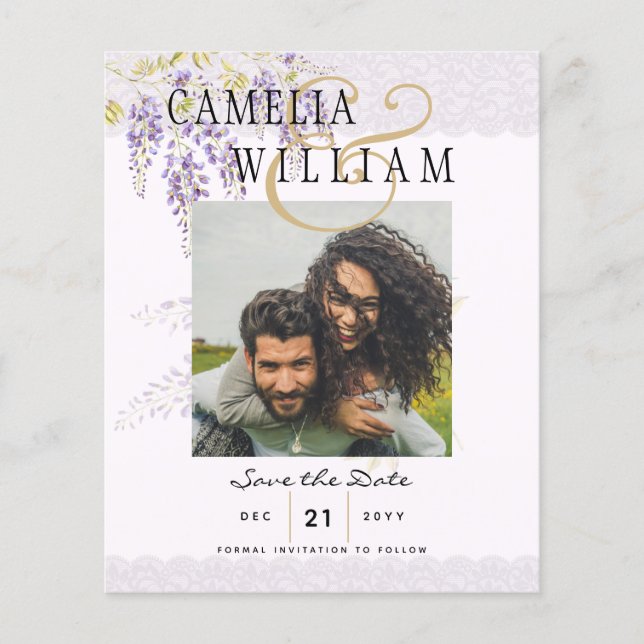 Moderne Lila Wisteria FOTO Wedding Save the Date Flyer (Vorne)