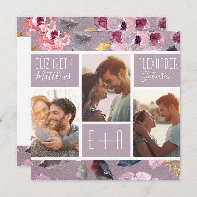 Moderne Lilac Floral Foto Collage Hochzeit Einladung (Vorne/Hinten)