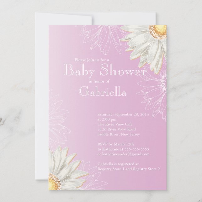 Moderne Lilac & White Gerbera Daisy Baby Dusche Einladung (Vorderseite)
