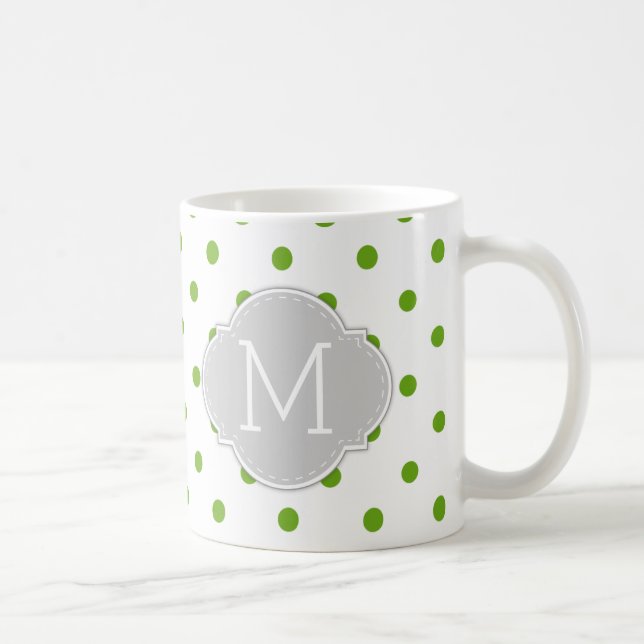 Moderne Limone grüne Polka-Punkte mit Monogramm Kaffeetasse (Rechts)