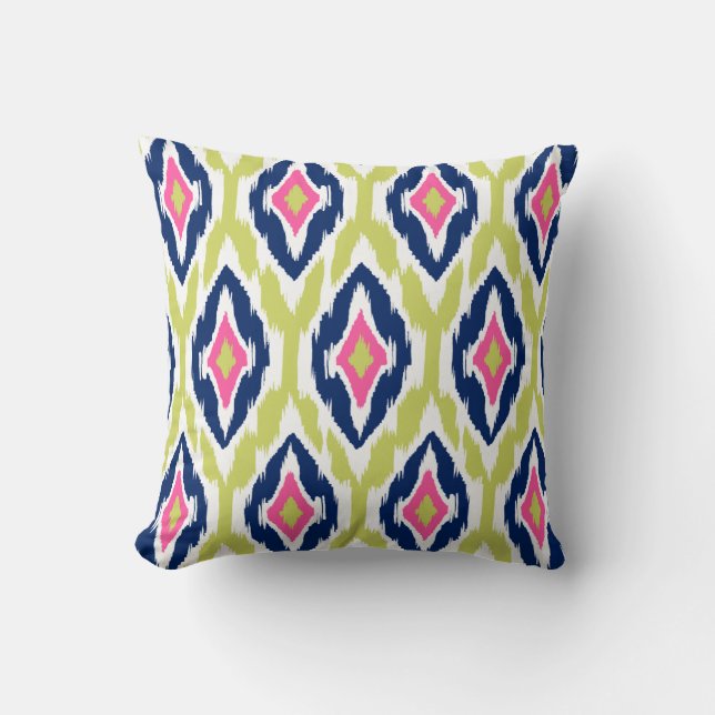 Moderne Limone rosa Marine Ikat Stammes- Muster 1a Kissen (Vorderseite)