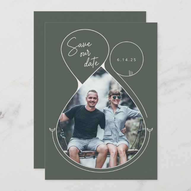 Moderne Linie Art Forest Green Foto Hochzeit Save The Date (Vorne/Hinten)