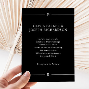 Moderne Linien und Monogramme   Dunkle Schwarze Ho Einladung