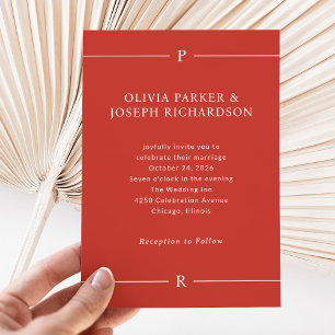 Moderne Linien und Monogramme Poppy Red Wedding Einladung