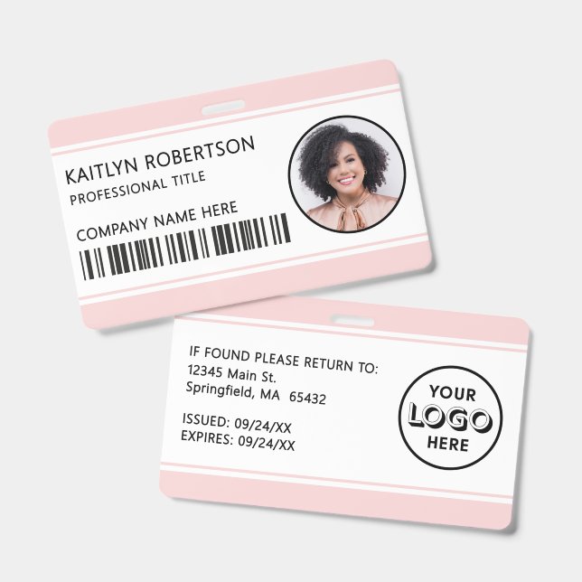 Moderne Logo-Barcode-Blush-Pink-Mitarbeiter-Foto-I Ausweis (Vorder- & Rückseite)