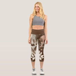 Moderne Lotus-Blume in Sepia Capri Leggings