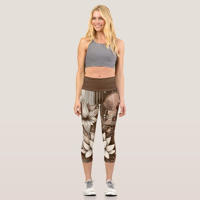 Moderne Lotus-Blume in Sepia Capri Leggings (Vorderseite)