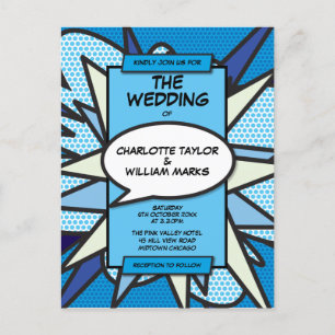 Moderne lustige blaue Comic-Hochzeit Einladungspostkarte