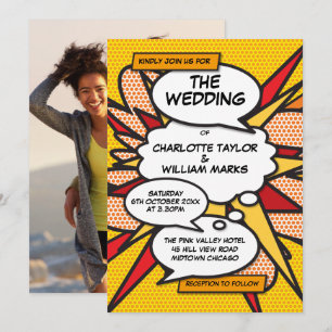 Moderne lustige Comic-Book-Pop-Art-Foto-Hochzeit Einladung
