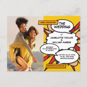 Moderne lustige Foto-Comic-Book-Hochzeit Einladungspostkarte