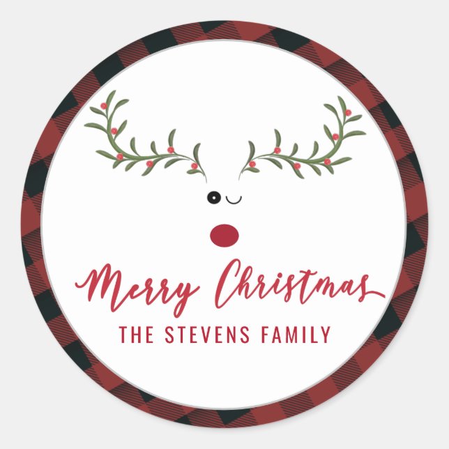 Moderne lustige, heilige Rentiere Drehbuch Frohe W Runder Aufkleber (Vorderseite)
