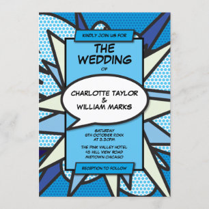 Moderne lustige Hochzeit Designer Blaue Comic-Hoch Einladung
