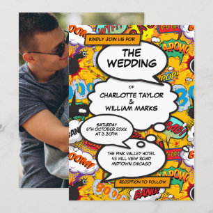 Moderne lustige Typografie Foto-Comic-Book-Hochzei Einladung