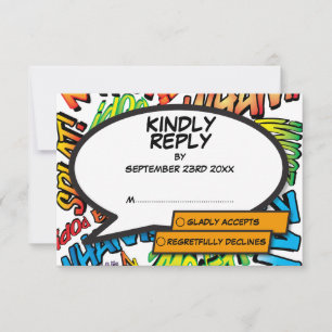 Moderne lustige typografische Comic-Hochzeit RSVP Karte