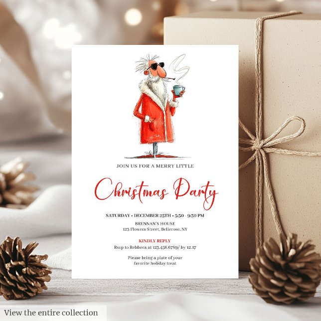 Moderne lustige Weihnachtsfeier mit Weihnachtsmann Einladung (Modern Funny Santa Holiday Dinner Party Invite)