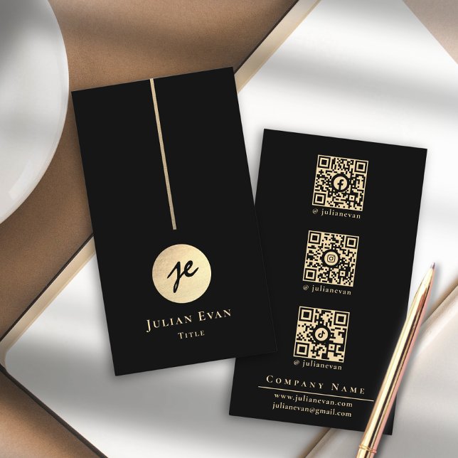 Moderne Luxe Black & Gold Monogram Social Media Visitenkarte (Modern Luxe Black & Gold Monogram Social Media Business Card)