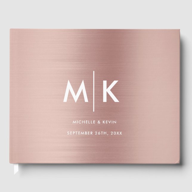 Moderne, luxuriöse Monogram Rose Gold Gästebuch (Vorderseite)