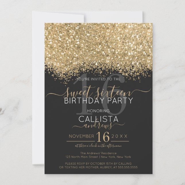 Moderne Luxus Gold Black Glitzer Confetti Sweet 16 Einladung (Vorderseite)