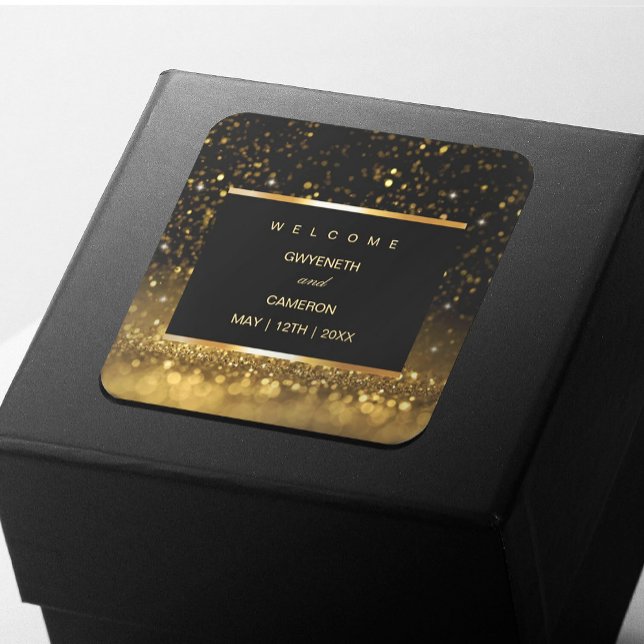 Moderne Luxus Gold Black Glitzern Quadratischer Aufkleber (#zazzlemade #goldensticker #weddingsticker #luxurylabel #hairstylelabel #makeupartistlabel #holiday)
