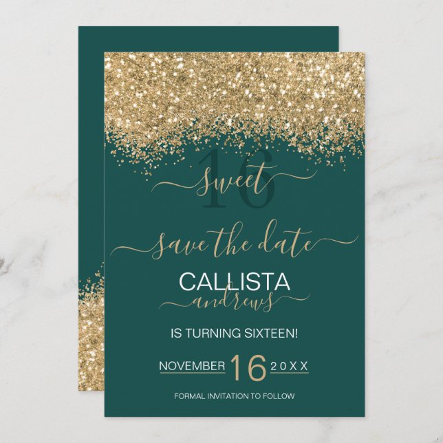 Moderne Luxus Gold Green Glitzer Confetti Sweet 16 Save The Date