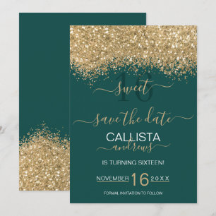 Moderne Luxus Gold Green Glitzer Confetti Sweet 16 Save The Date