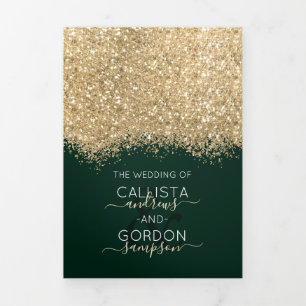 Moderne Luxus Gold Grün Glitter Konfetti Hochzeit Dreifach Gefaltete Ankündigung