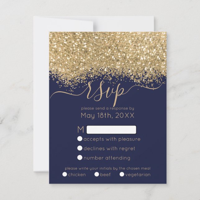 Moderne Luxus Gold Navy Glitzer Confetti Wedding RSVP Karte (Vorderseite)