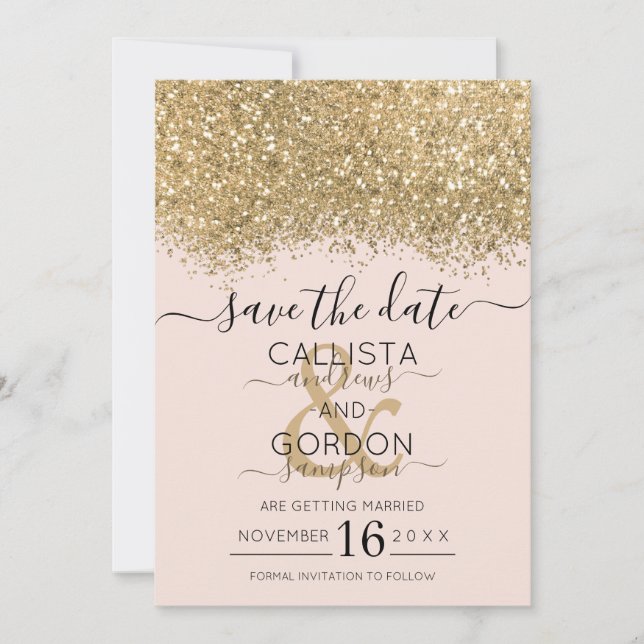 Moderne Luxus Gold Pink Glitzer Confetti Wedding Save The Date (Vorderseite)