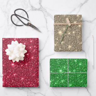 Moderne Luxus Gold Rot Grün Funkelnder Glitter Geschenkpapier Set