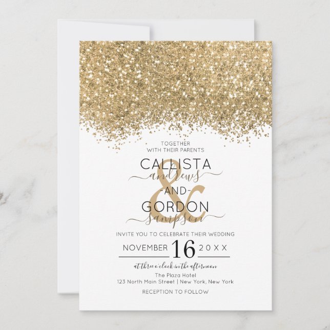 Moderne Luxus Gold Weißer Glitzer Confetti Wedding Einladung (Vorderseite)