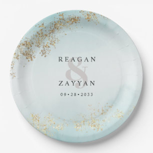 Moderne Luxus-Goldflocken Teal-Nebel-Hochzeit Pappteller
