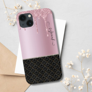 Moderne Luxus-Rosa-Schwarze-Chic-Glitter-Drip iPhone 13 Hülle