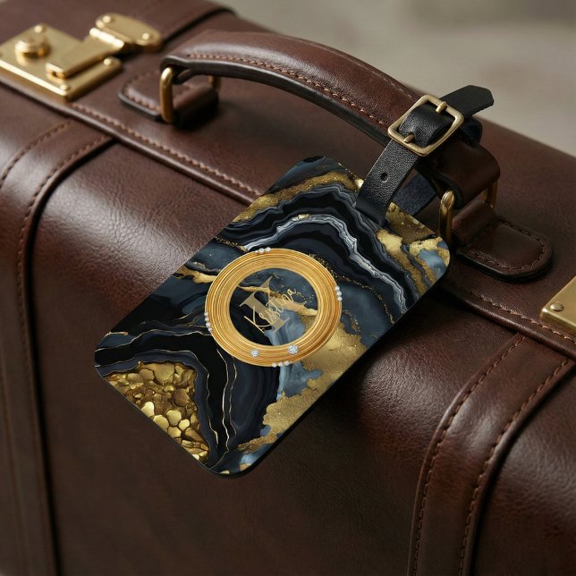 Moderne Luxus-Schwarz-Gold-Achat-Marmor-Monogramm Gepäckanhänger (Von Creator hochgeladen)